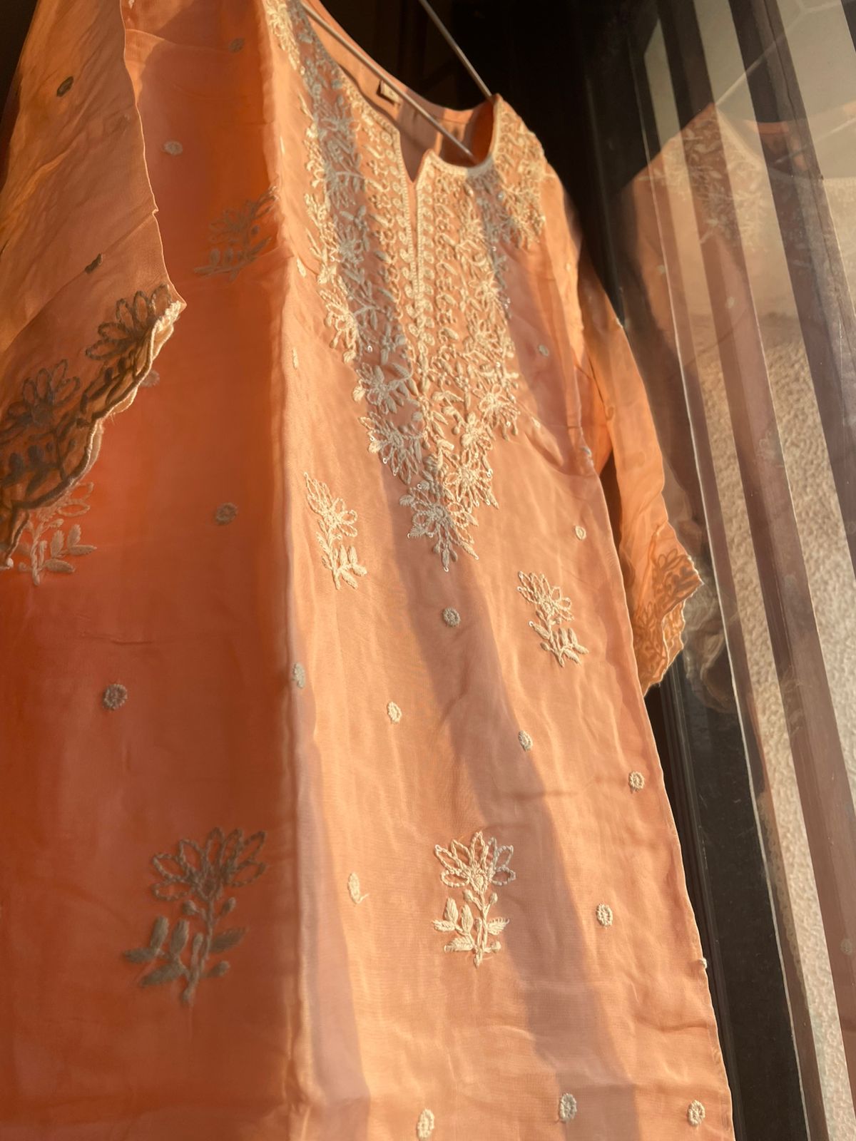 Elegant Peach Organza Lucknowi Embroidered Co-ords