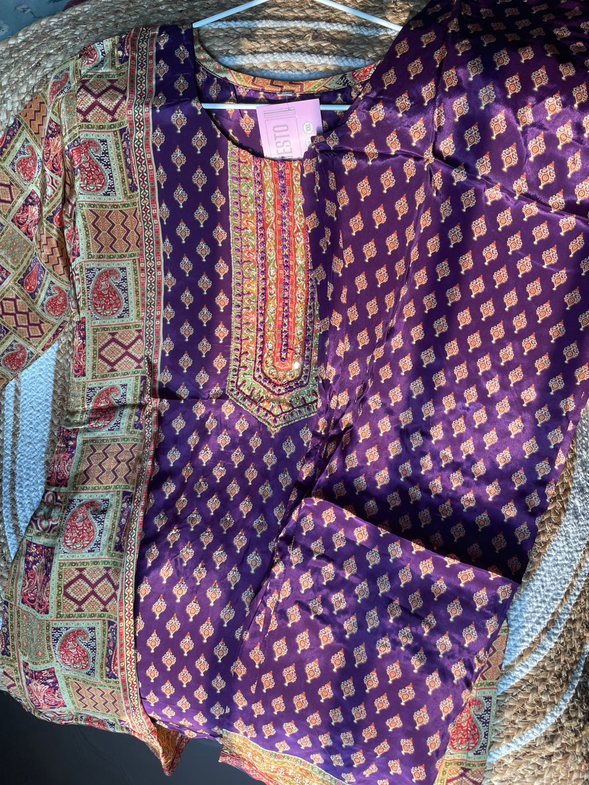 Purple Crepe Silk Co-ord Set with Hand Embroidery and Prints