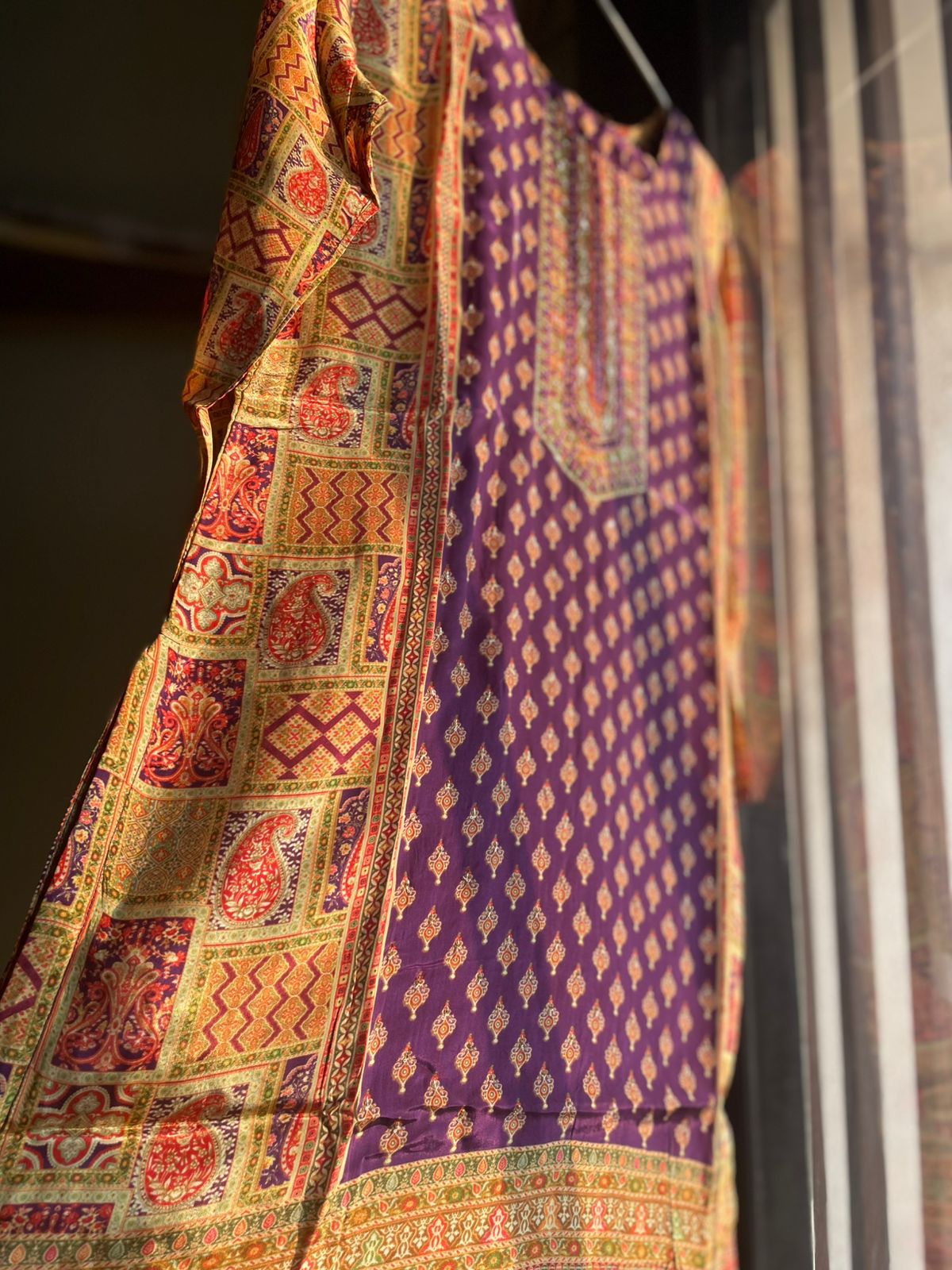 Purple Crepe Silk Co-ord Set with Hand Embroidery and Prints