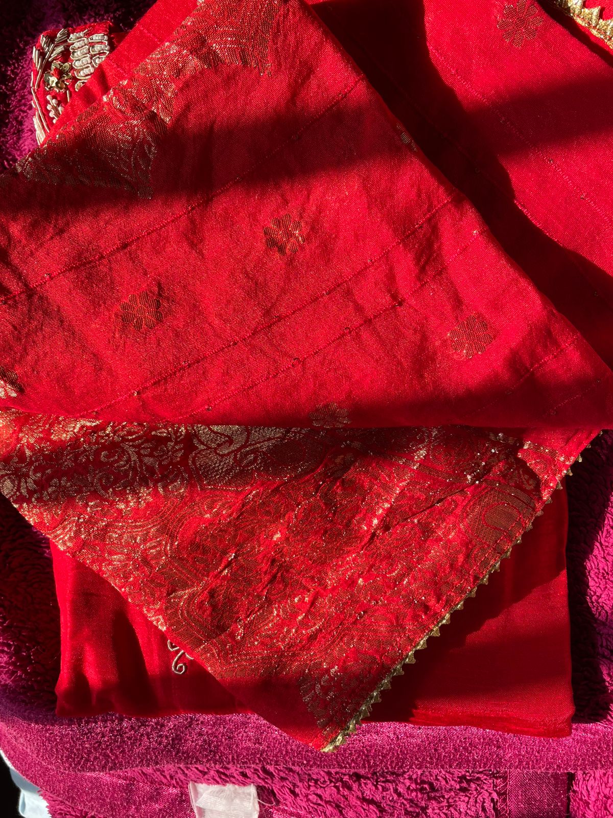 Red Dola Silk Suit Set with Intricate Handwork and Dupatta