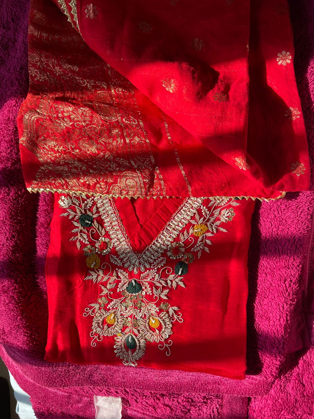 Red Dola Silk Suit Set with Intricate Handwork and Dupatta
