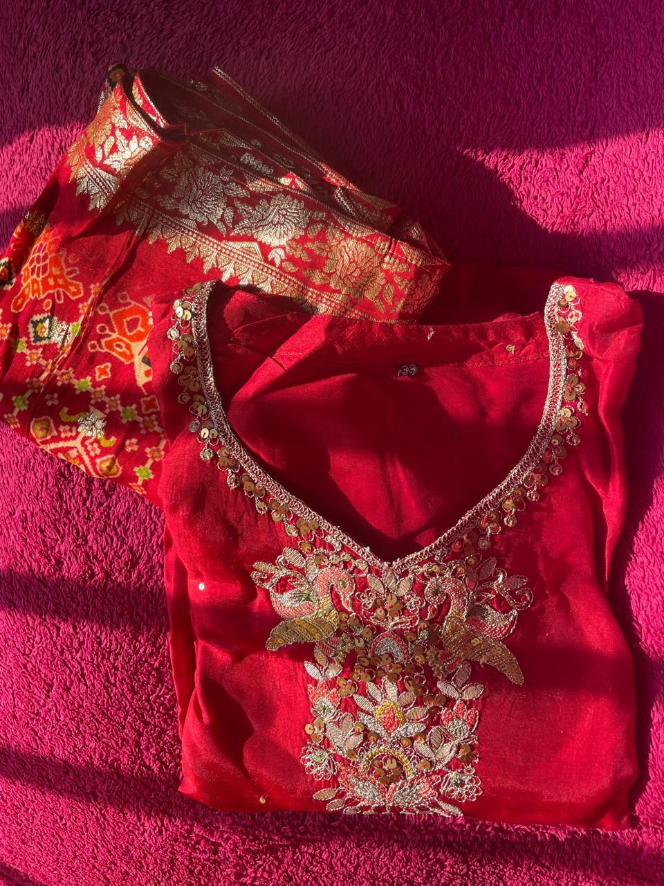 Red Dola Silk Suit Set with Gharchola Dupatta