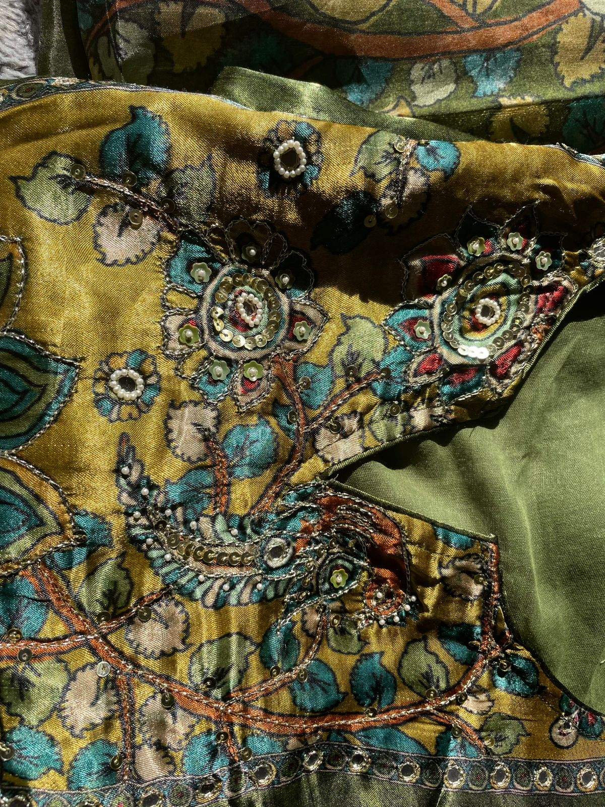 Elegant Olive Green Gajji Silk Suit Set with Embroidered Detailing