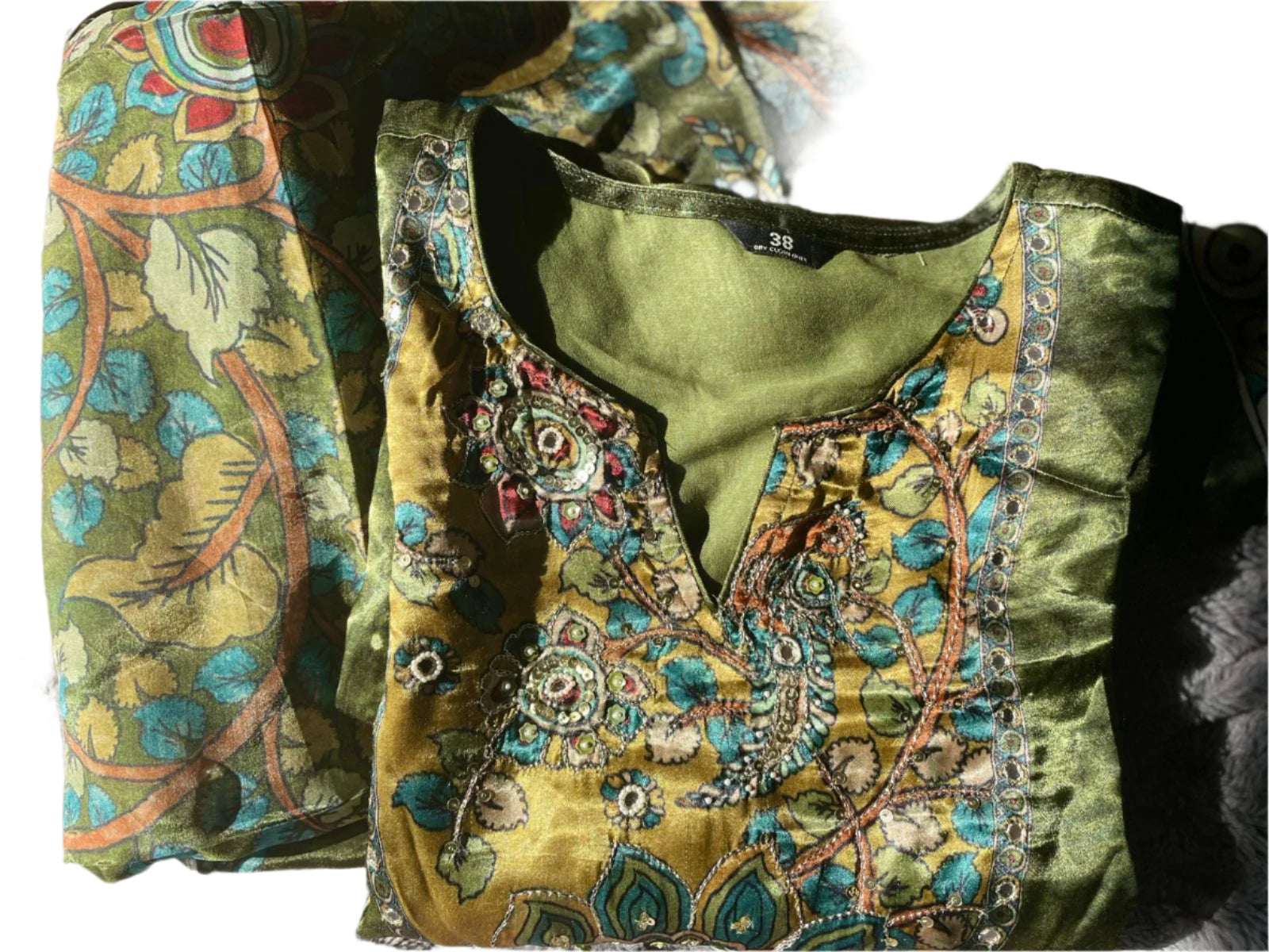 Elegant Olive Green Gajji Silk Suit Set with Embroidered Detailing