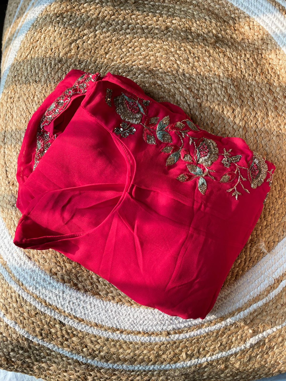 Cherry Red Indo Western Cape Style Embroidery Co-Ord Set with Tulip Pant