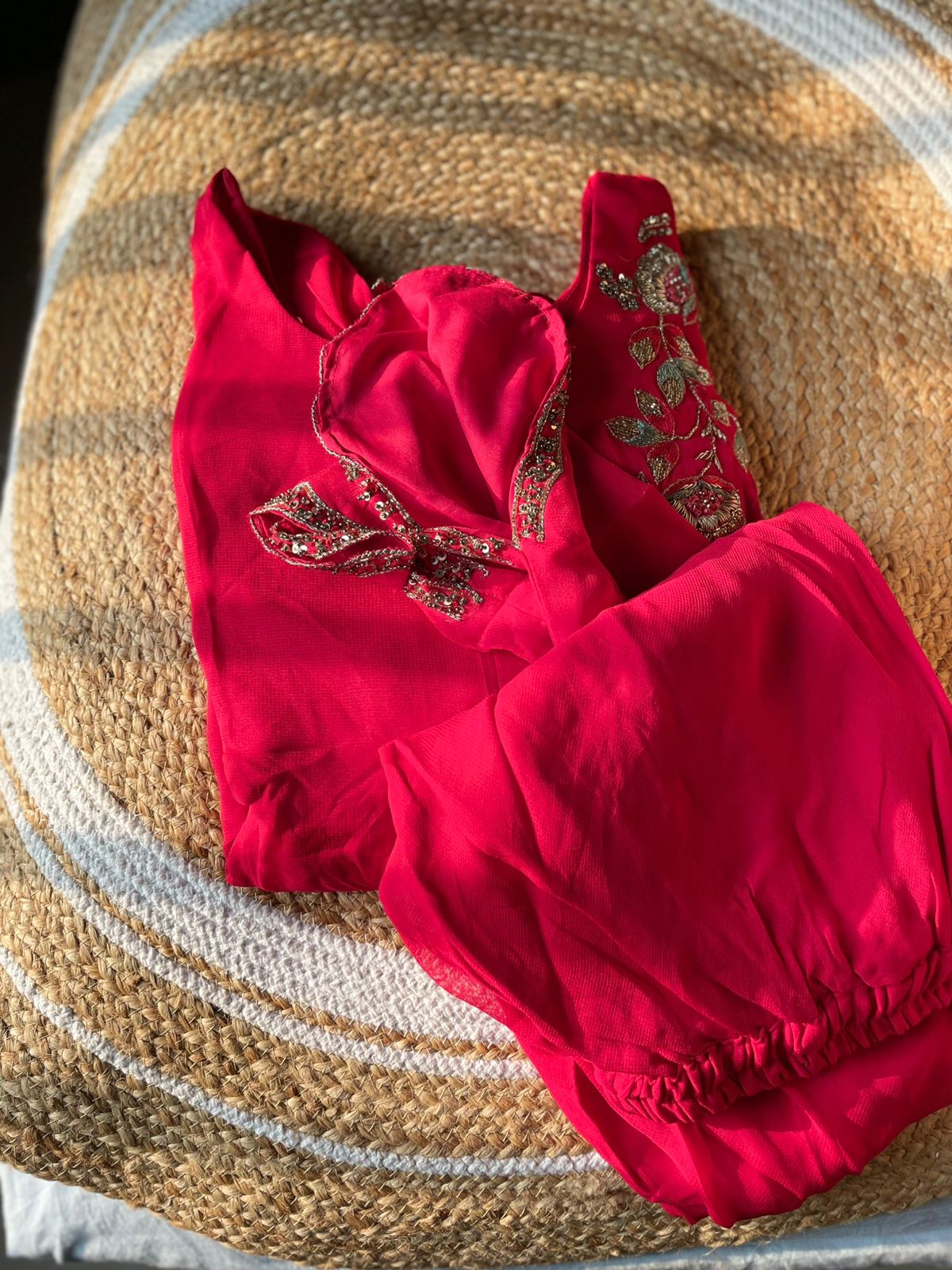 Cherry Red Indo Western Cape Style Embroidery Co-Ord Set with Tulip Pant