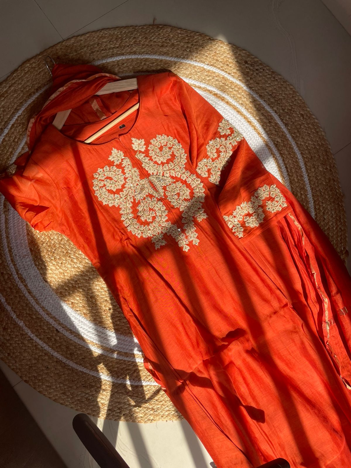 Elegant Orange Chanderi Silk Suit Set with Exquisite Embroidery – Festive & Party Wear