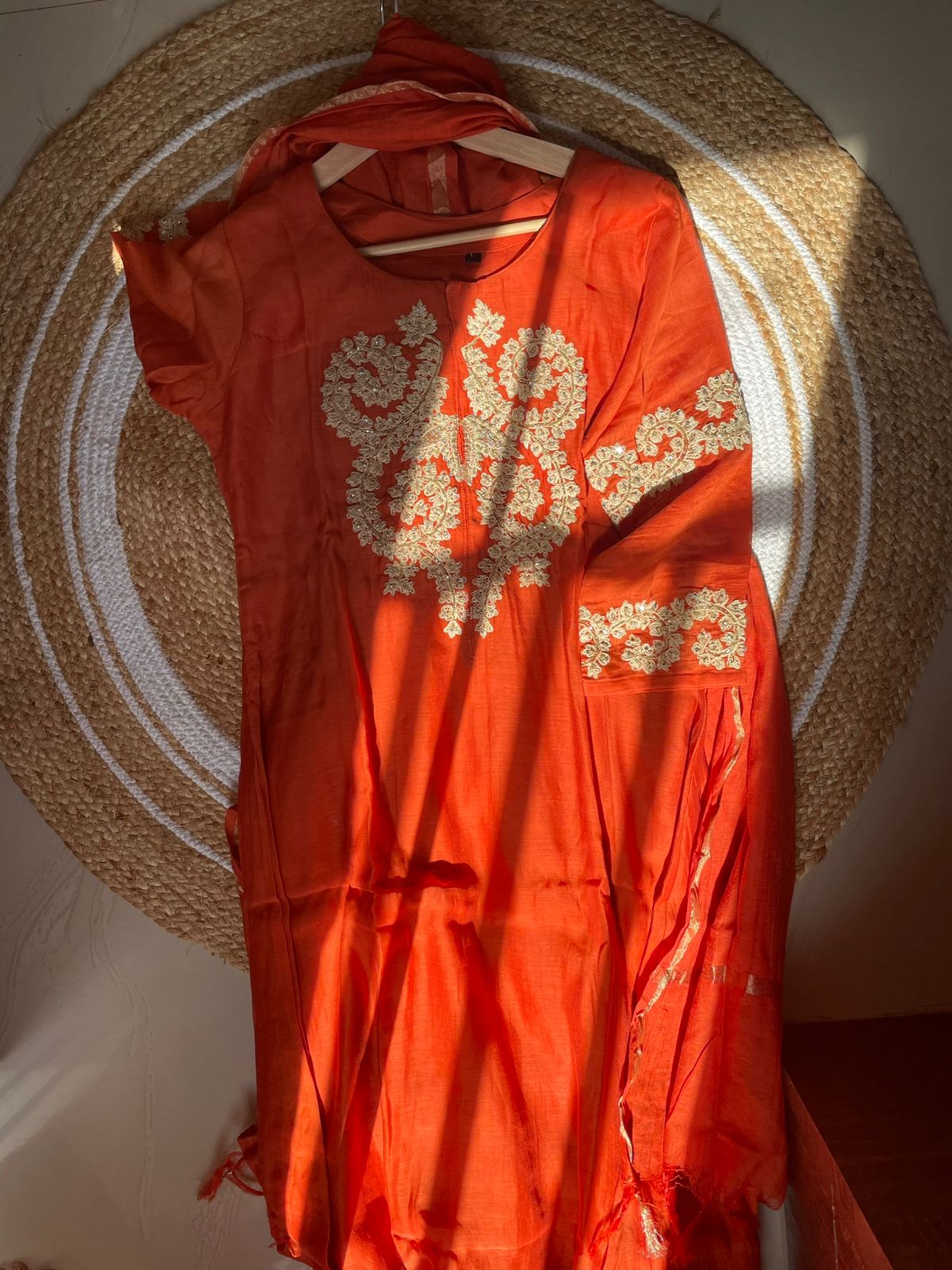 Elegant Orange Chanderi Silk Suit Set with Exquisite Embroidery – Festive & Party Wear