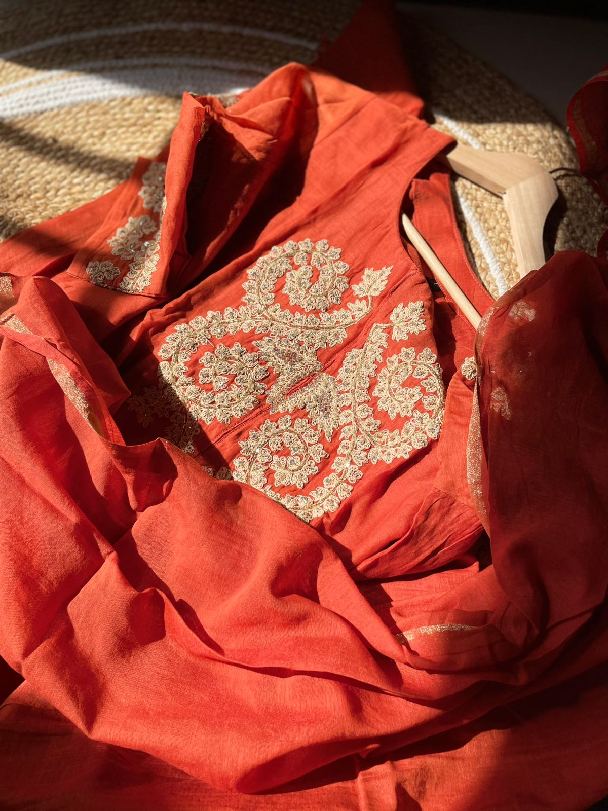 Elegant Orange Chanderi Silk Suit Set with Exquisite Embroidery – Festive & Party Wear