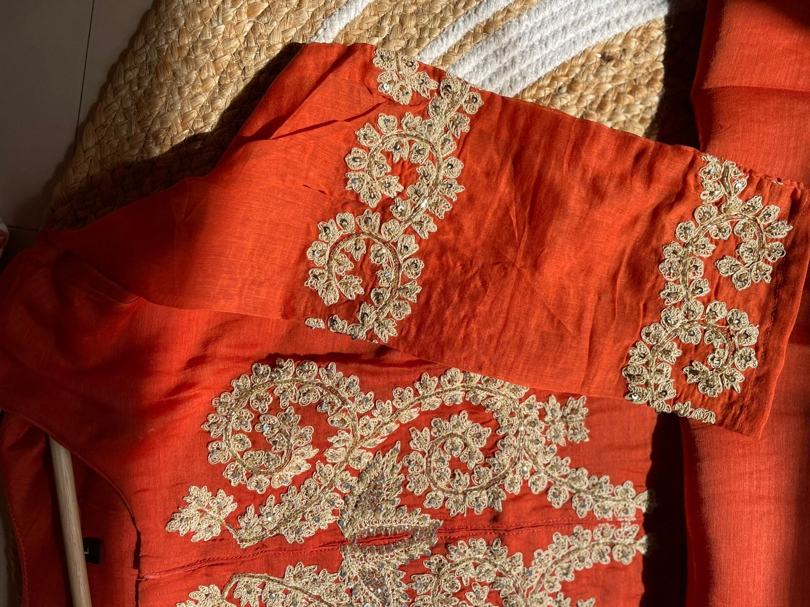 Elegant Orange Chanderi Silk Suit Set with Exquisite Embroidery – Festive & Party Wear