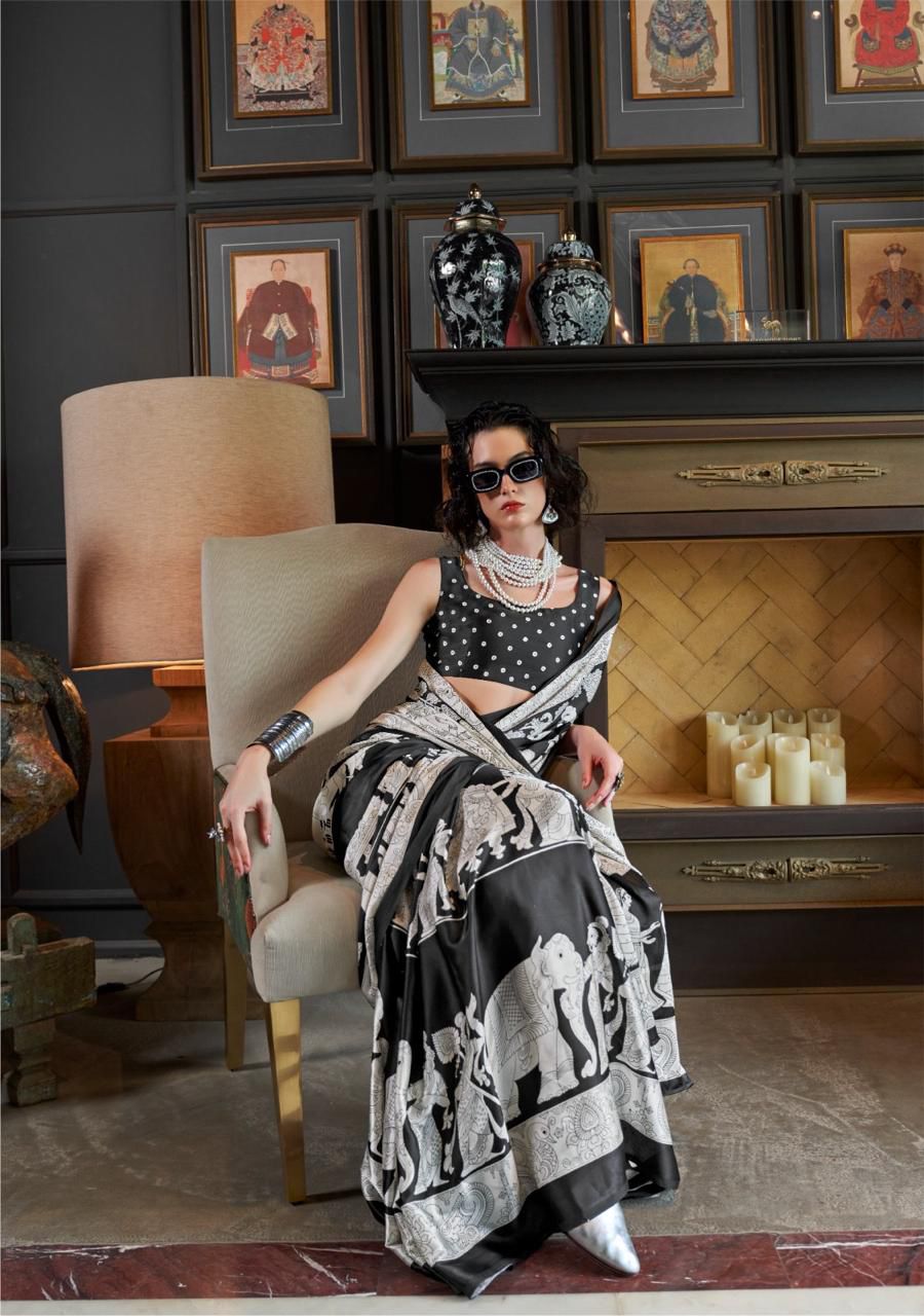 Elegant Crepe Satin Silk Saree with Artistic Prints – Luxe & Lightweight Drape