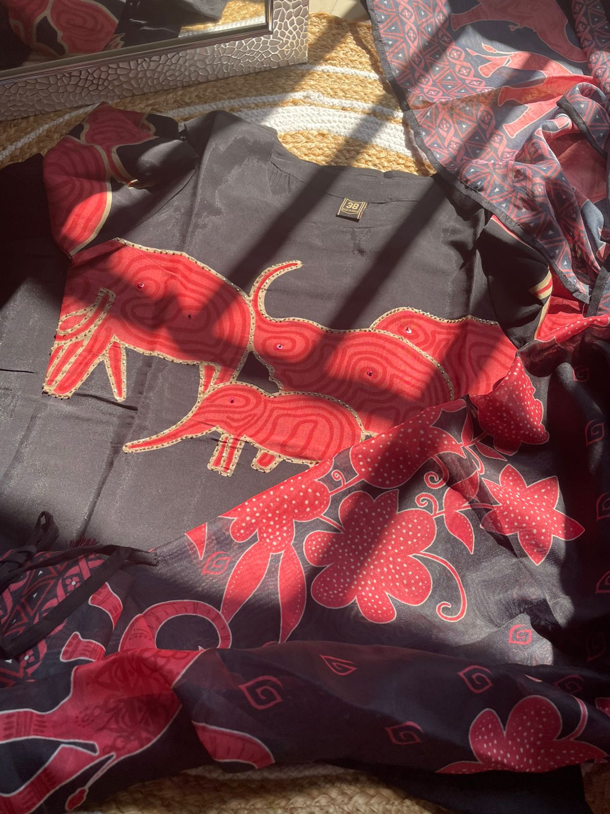 Silk Animal Print Suit Set – Black & Red Handcrafted Elegance