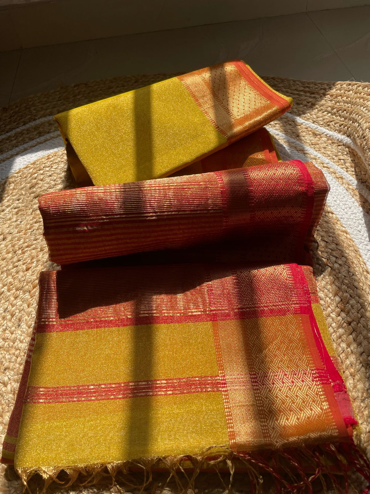 Exquisite Maheshwari Mustard Tissue Silk Saree – Handwoven Zari Weaving