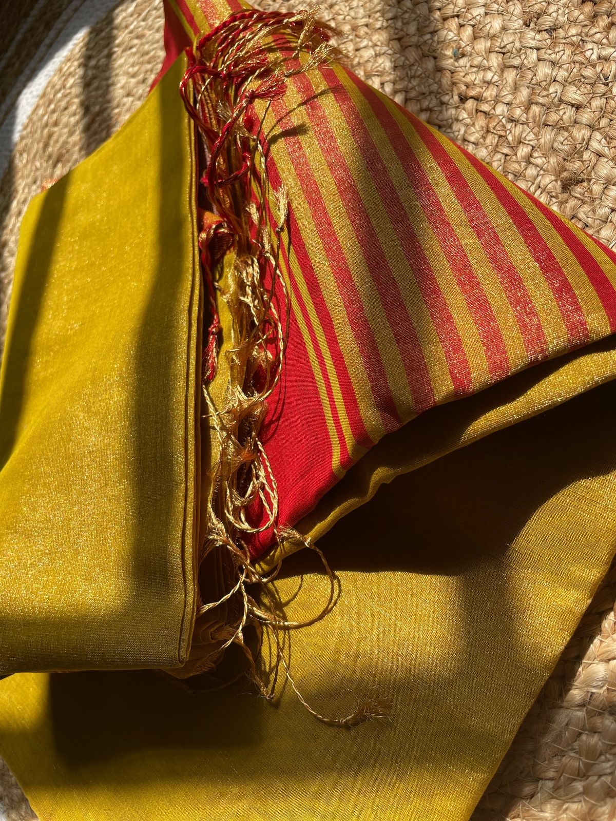 Exquisite Maheshwari Mustard Tissue Silk Saree – Handwoven Zari Weaving