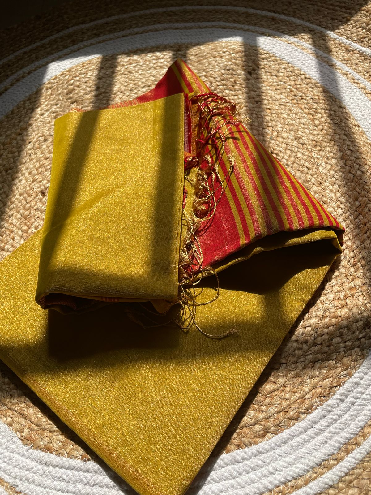 Exquisite Maheshwari Mustard Tissue Silk Saree – Handwoven Zari Weaving