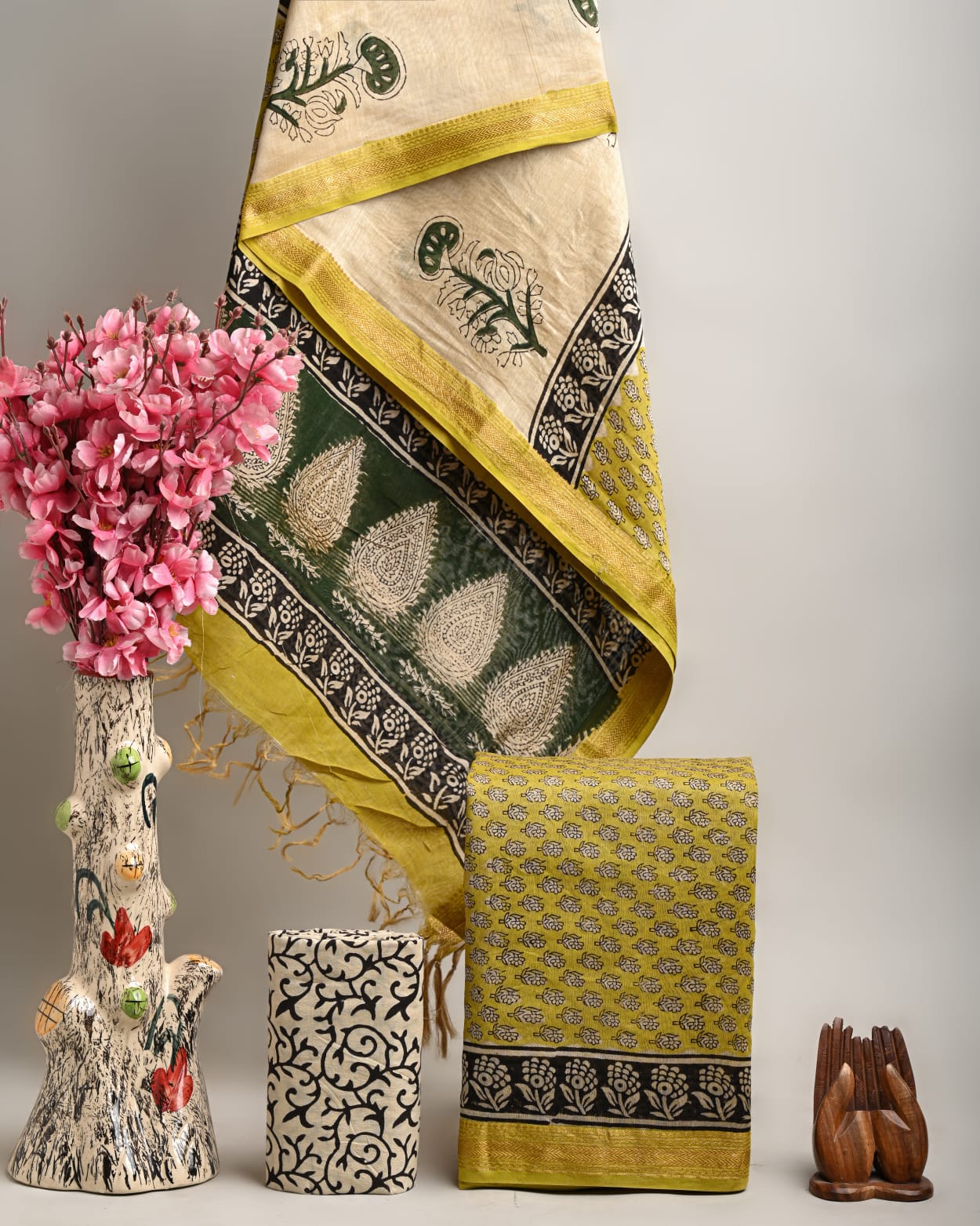 Hand Block Printed Maheshwari Silk Suit Set -Unstitched