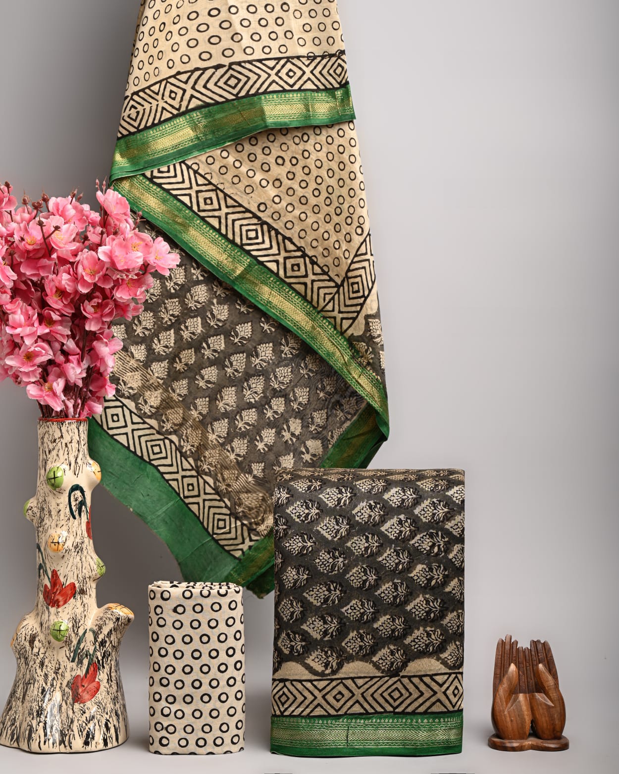 Hand Block Printed Maheshwari Silk Suit Set -Unstitched