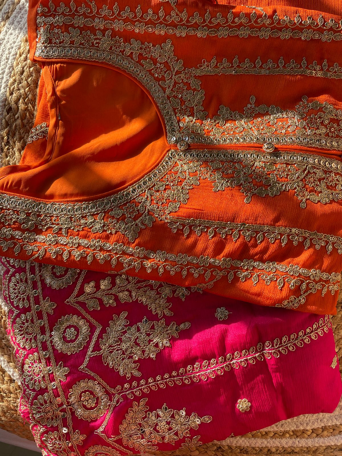 Elegant OrangePink Chinnon Sharara Set with Heavy Embroidery