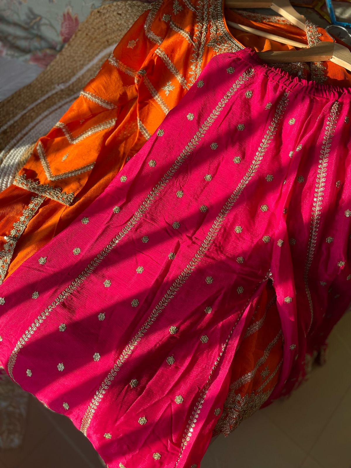 Elegant OrangePink Chinnon Sharara Set with Heavy Embroidery