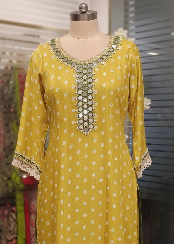 Mustard Yellow Muslin Crepe Kurta with Real Mirror Work