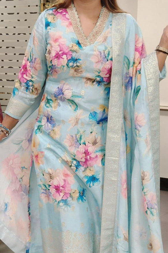 Pastel Floral Indo-Western Silk Kurta Set with Digital Print & Embroidered Dupatta