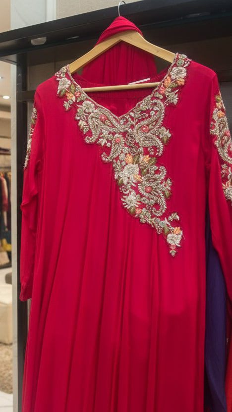 Rani Pink Chinnon Anarkali Suit Set with Heavy Embroidered Yoke