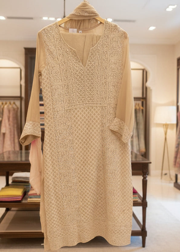 Ivory Pure Georgette Handwork Straight Suit Set with Dupatta & Pants | Premium Festive Wear