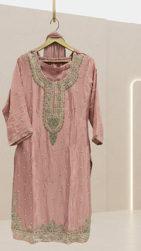 Dusty Rose Crepe Handwork Palazzo Suit with Dupatta