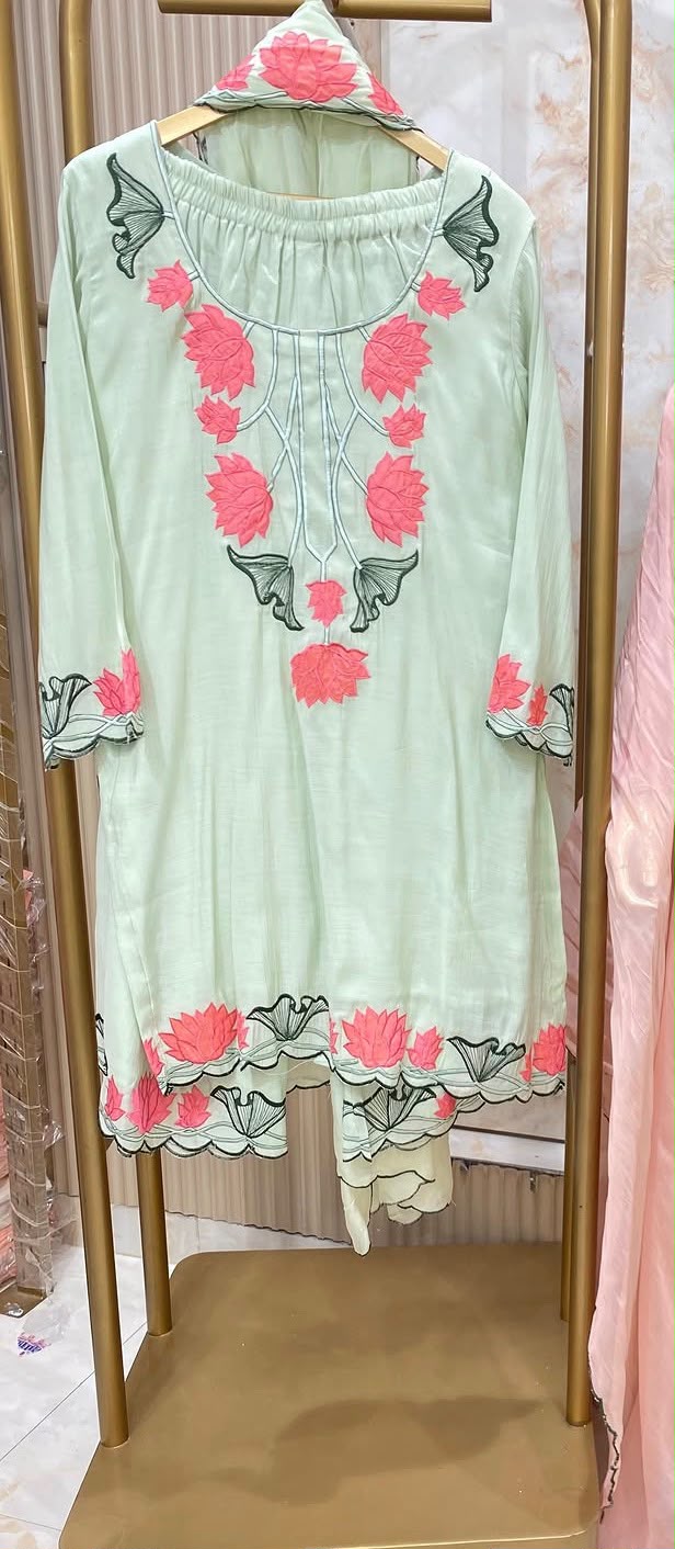 Mul Chanderi Lotus Appliqué Embroidered Straight Suit with Palazzo & Dupatta