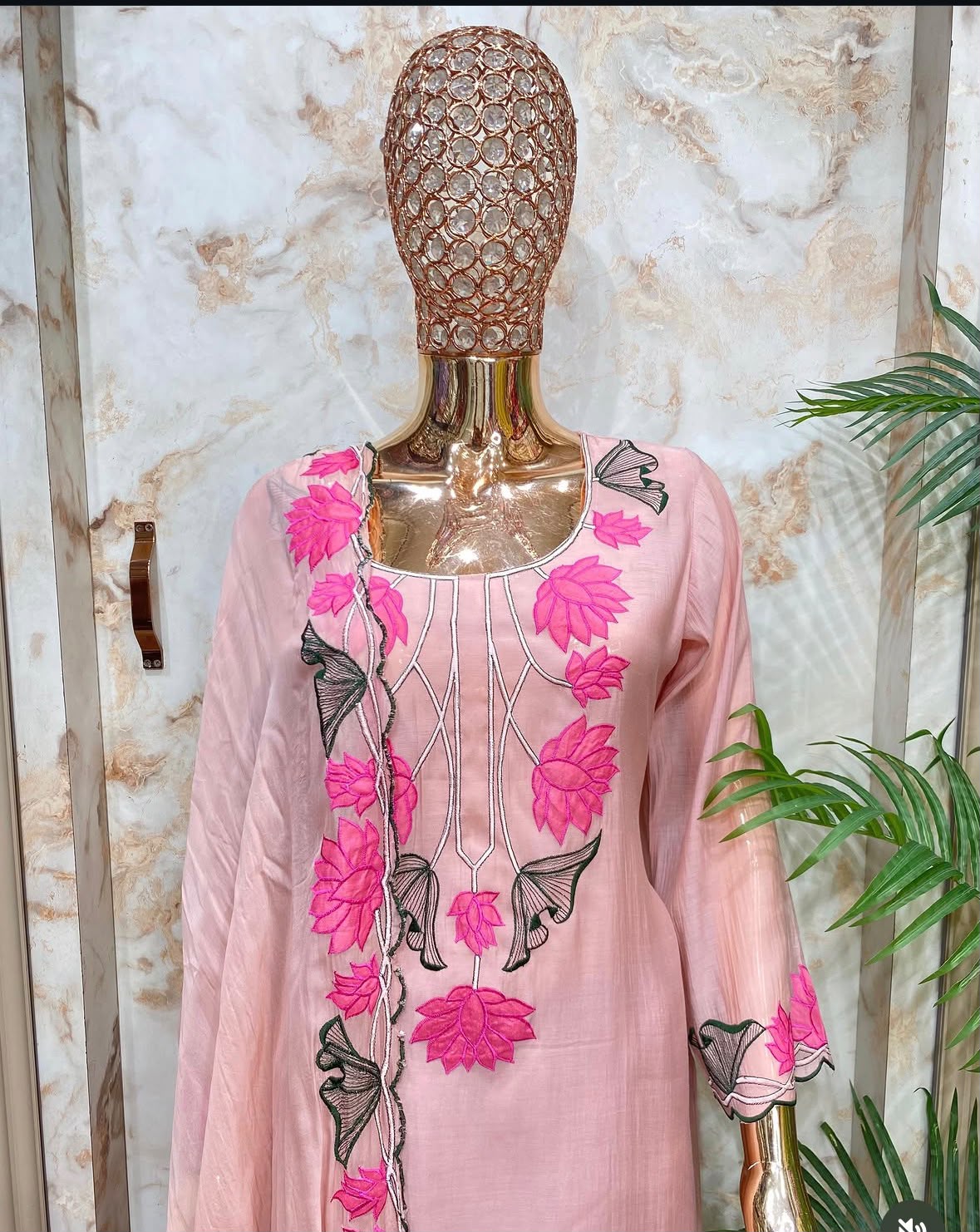 Mul Chanderi Lotus Appliqué Embroidered Straight Suit with Palazzo & Dupatta