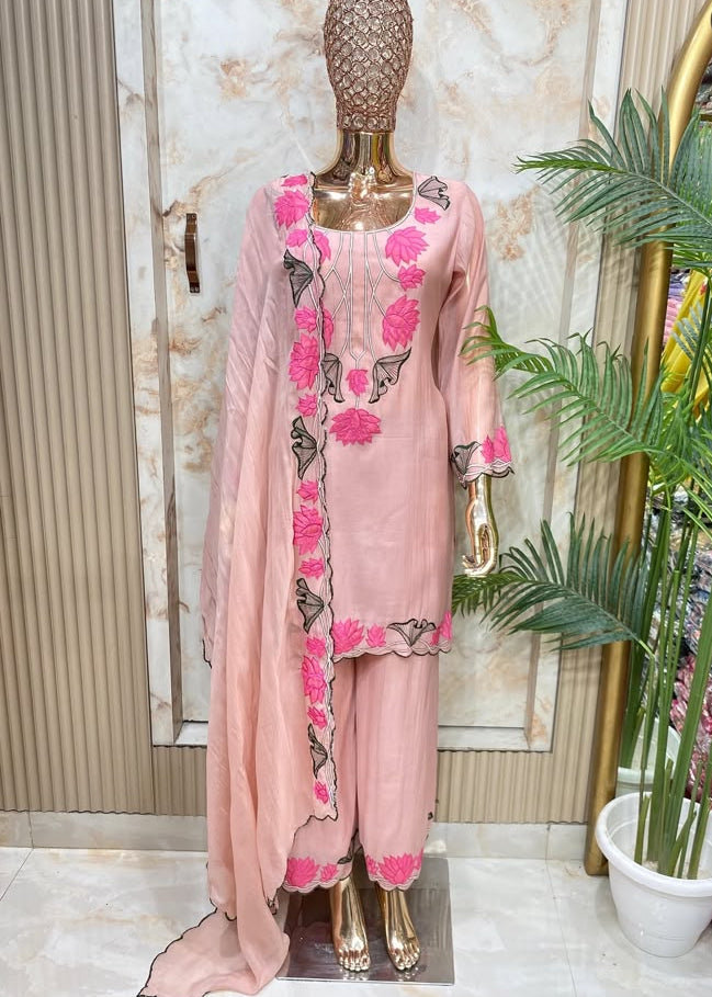 Mul Chanderi Lotus Appliqué Embroidered Straight Suit with Palazzo & Dupatta