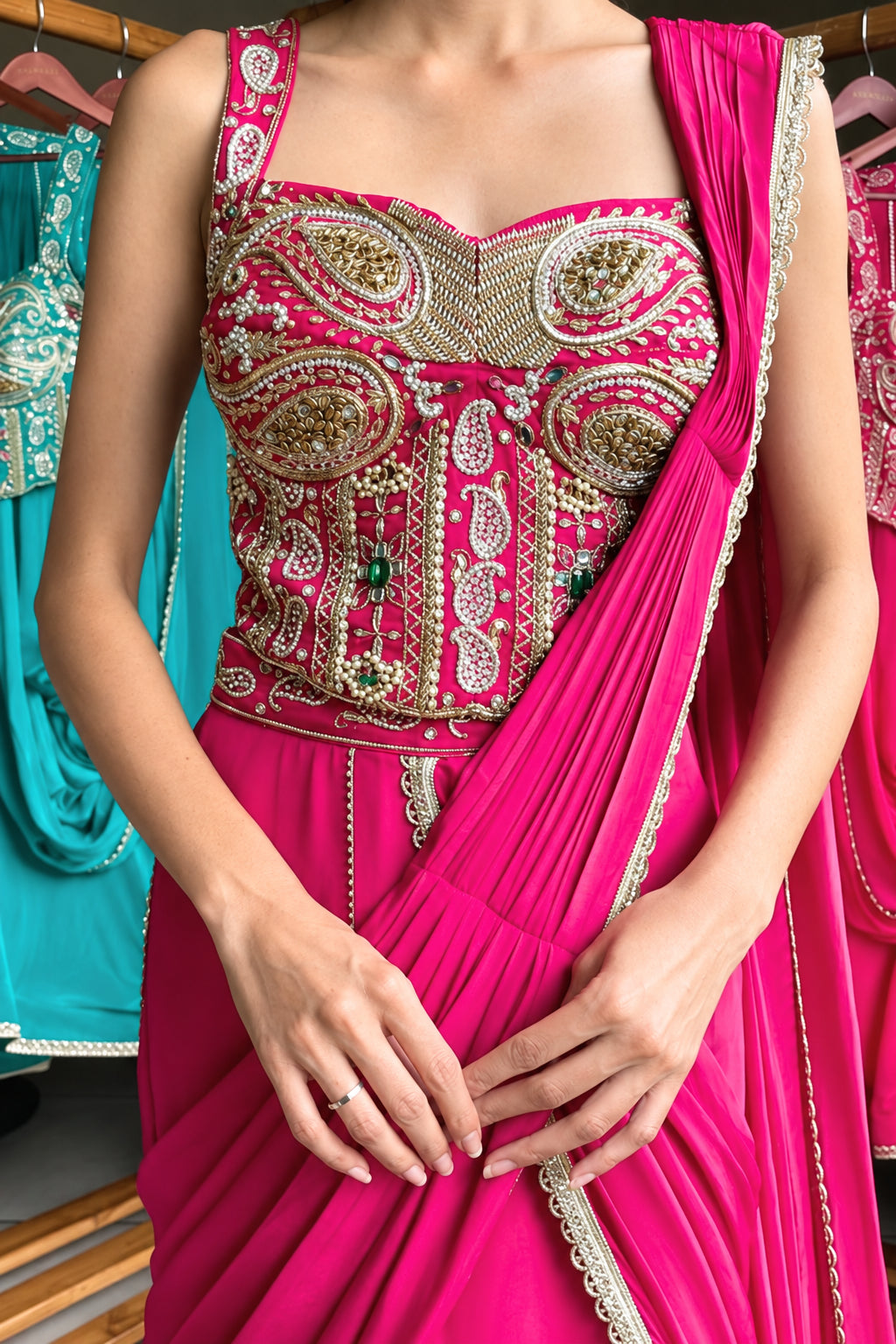 Fuchsia Pink & Turquoise Chinnon Drape Saree with Handwork Corset Blouse