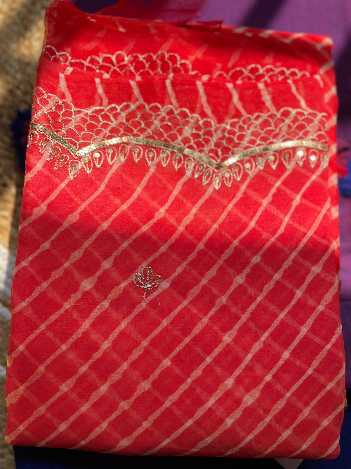 Red Pure Organza Leheriya Saree with Handwork