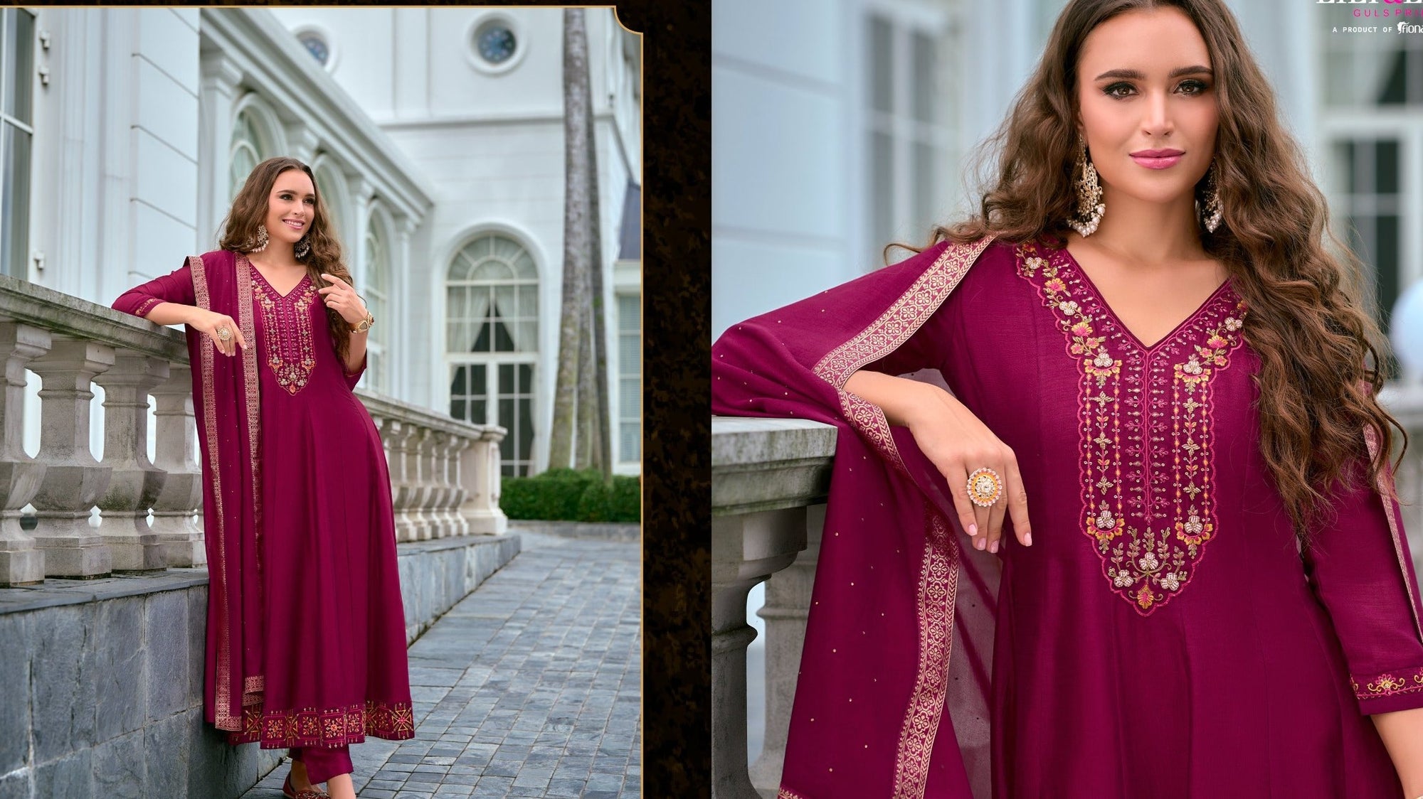 Anarkali Suit Set with Embroidery and Handwork on Vichitra Silk
