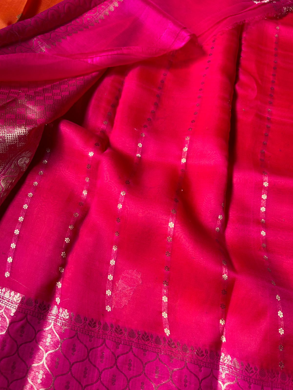 Elegant Pink and Orange Kora Silk Saree with Hand Weaving