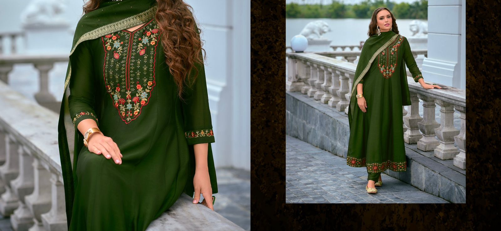 Anarkali Suit Set with Embroidery and Handwork on Vichitra Silk