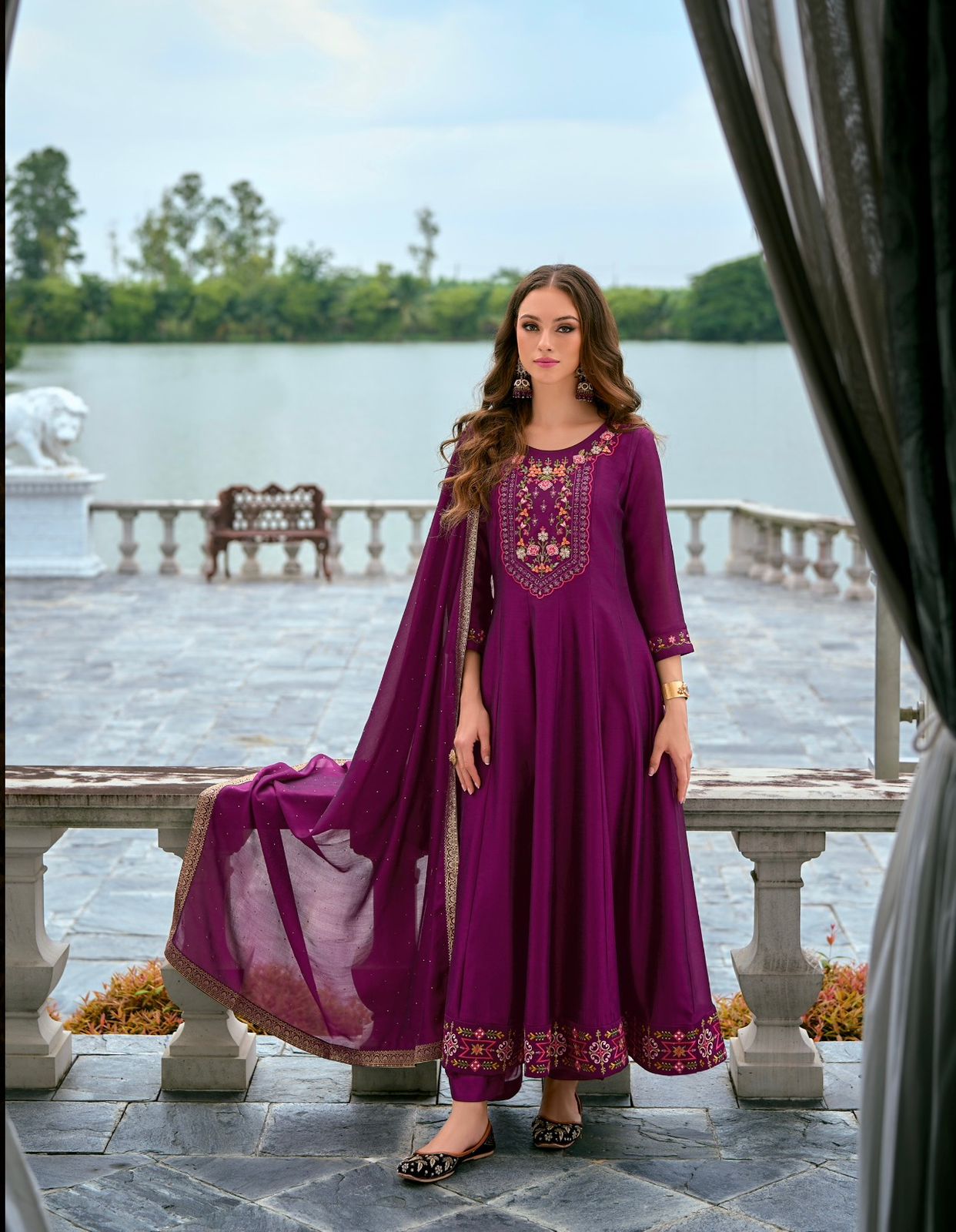 Anarkali Suit Set with Embroidery and Handwork on Vichitra Silk