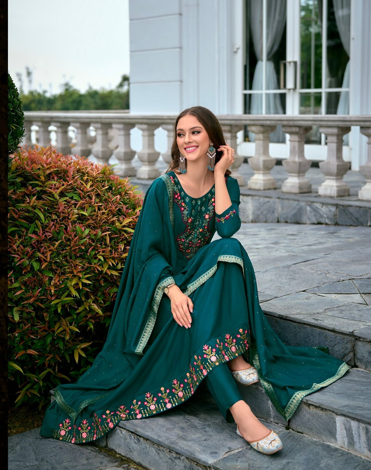 Anarkali Suit Set with Embroidery and Handwork on Vichitra Silk