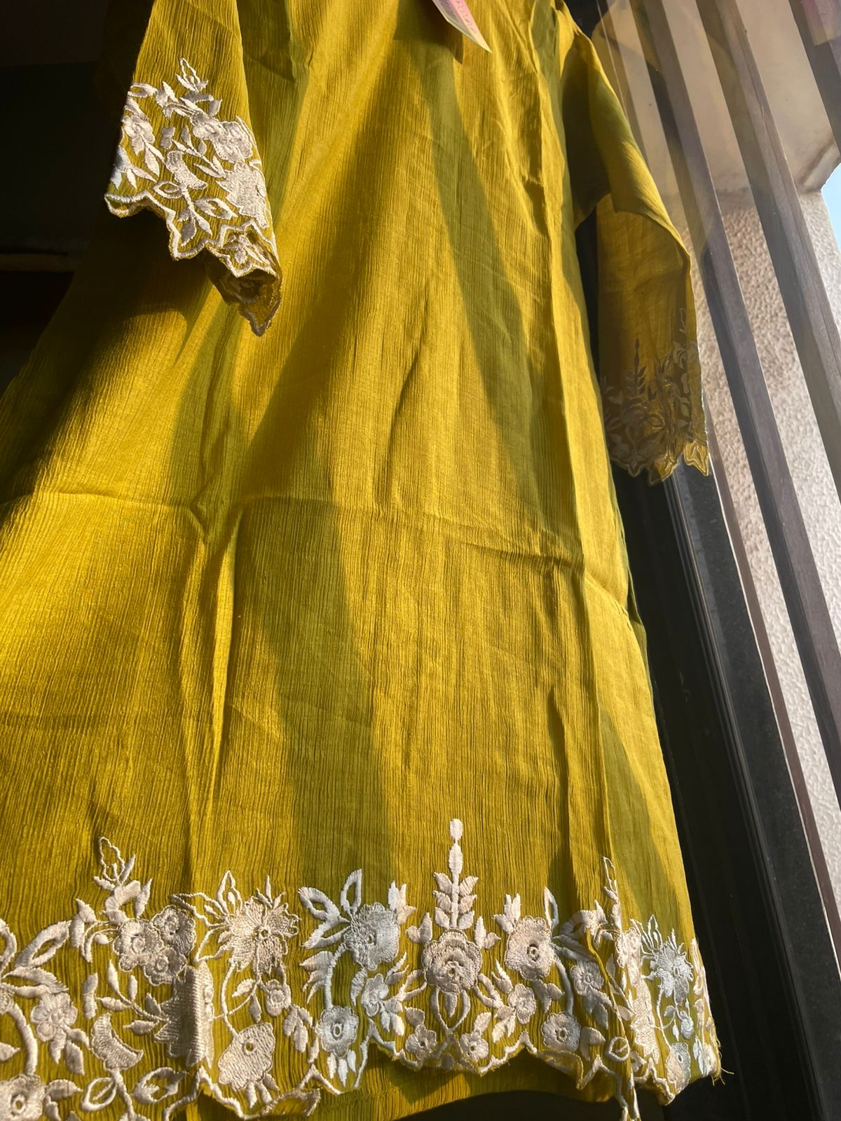Lime Green Crushed Co-ords with White Cutwork Embroidery