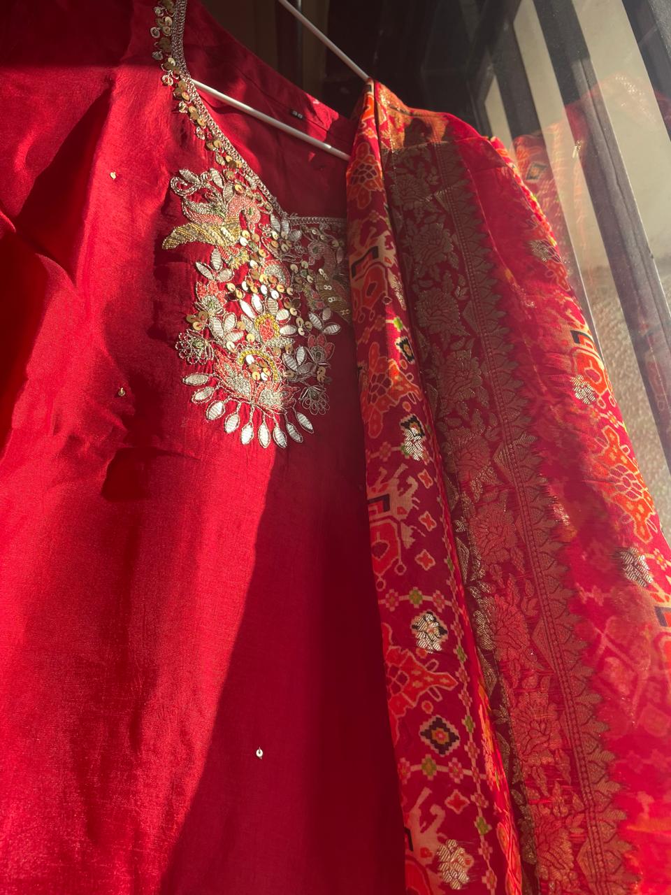 Red Dola Silk Suit Set with Gharchola Dupatta