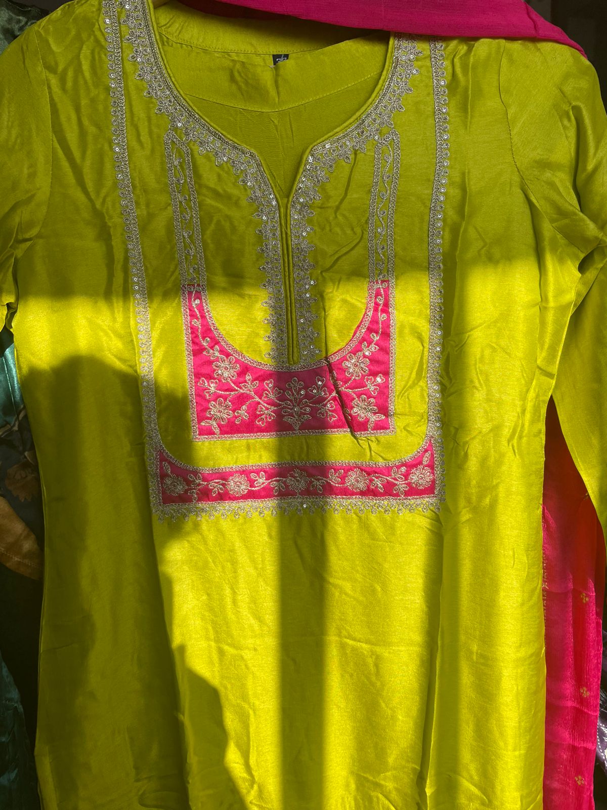Neon Green Zari Embroidered Silk Kurta Set with Contrast Pink Dupatta