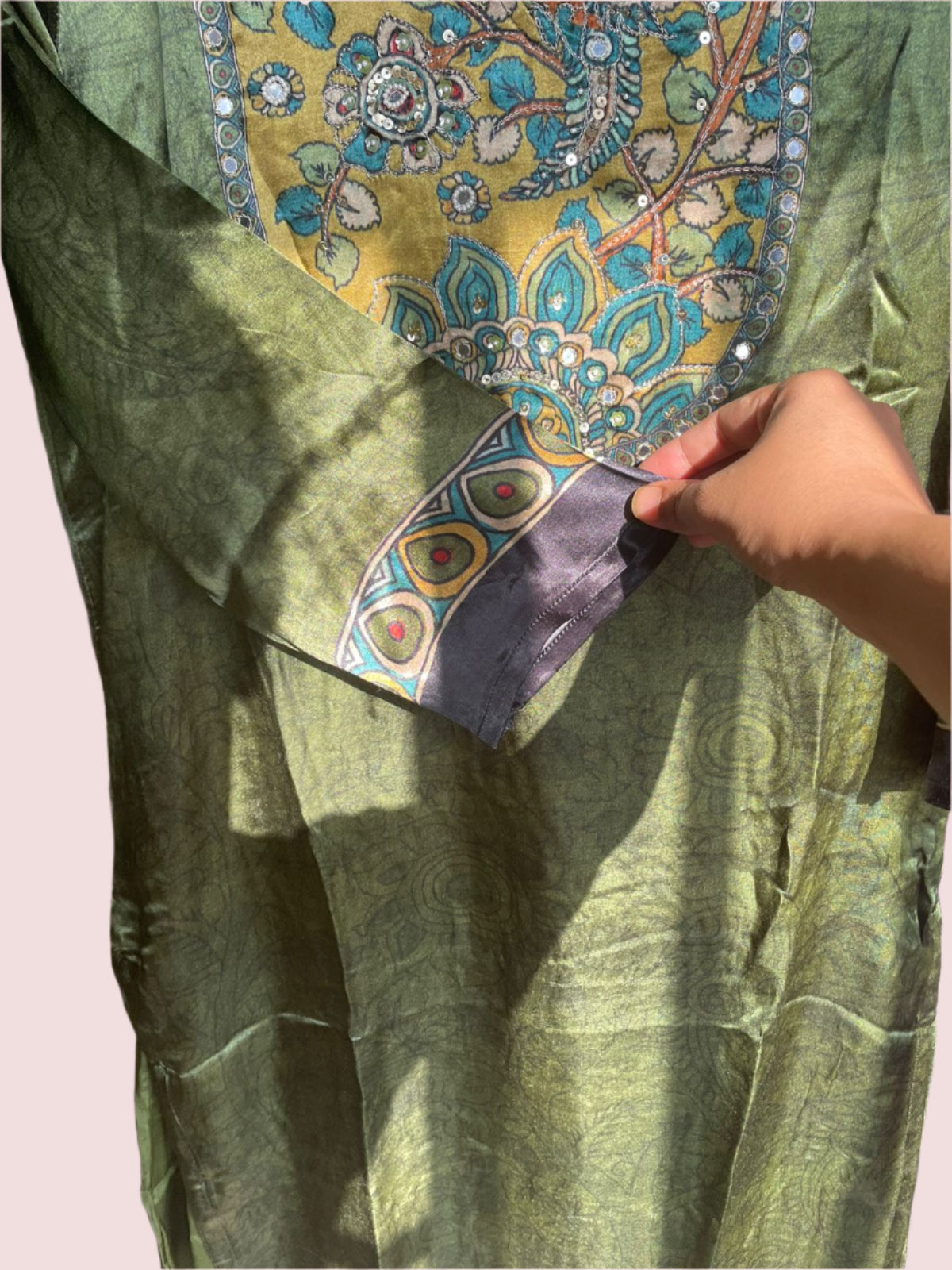 Elegant Olive Green Gajji Silk Suit Set with Embroidered Detailing