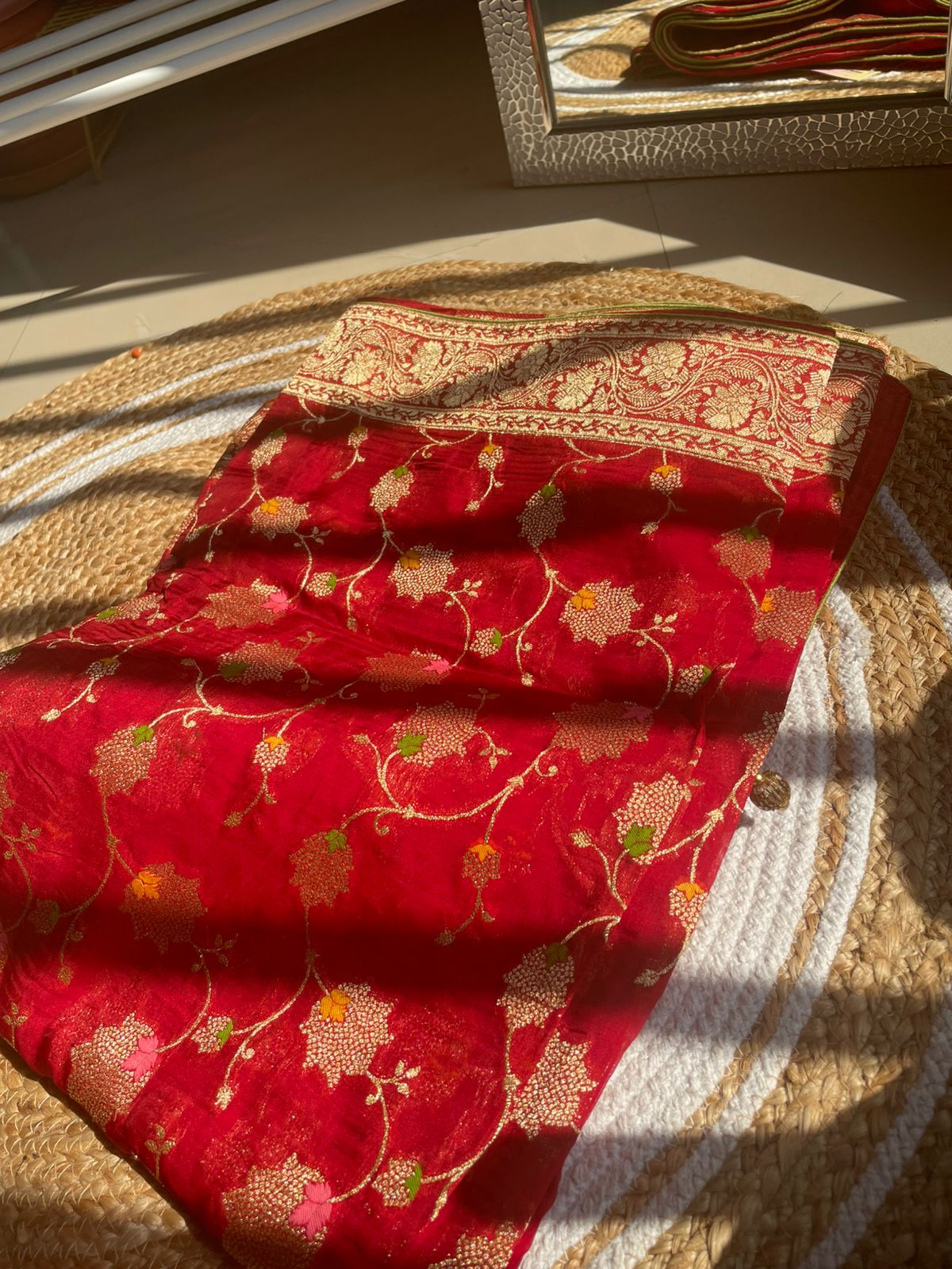 Luxurious Red Meenakari Georgette Saree with Intricate Zari Work