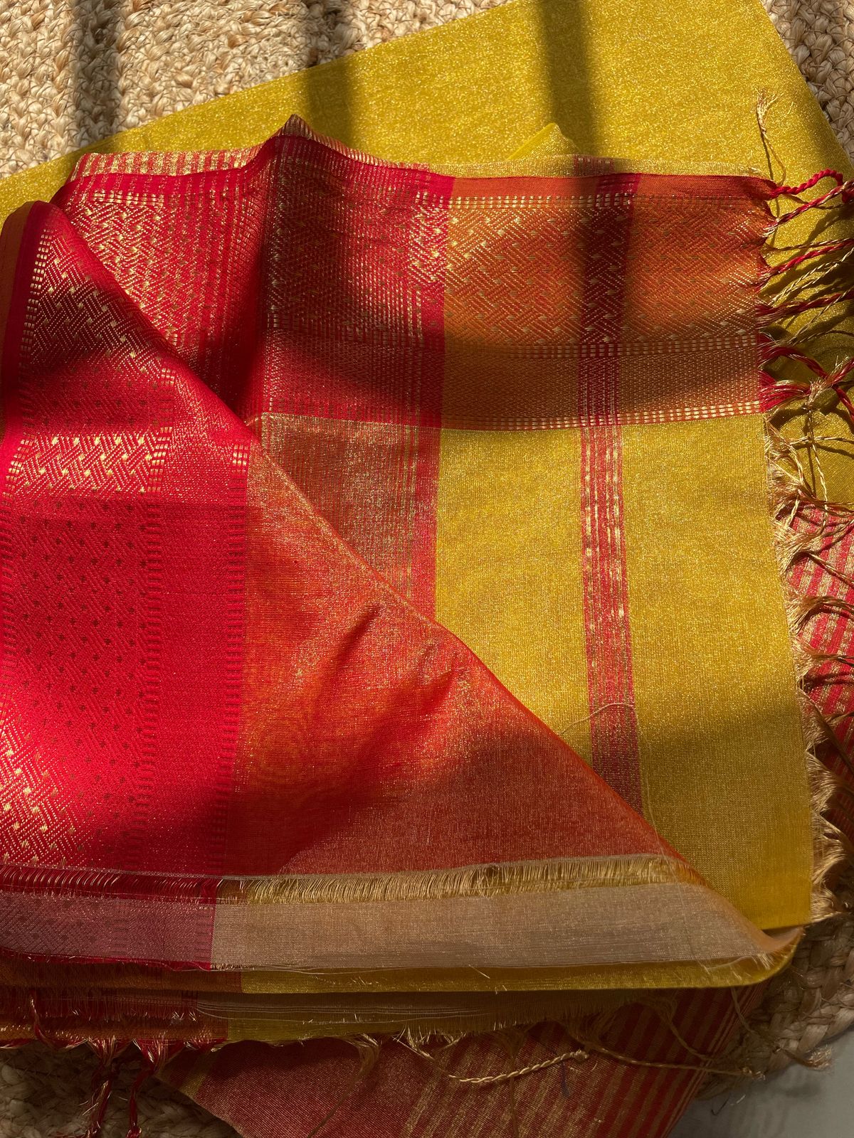 Exquisite Maheshwari Mustard Tissue Silk Saree – Handwoven Zari Weaving