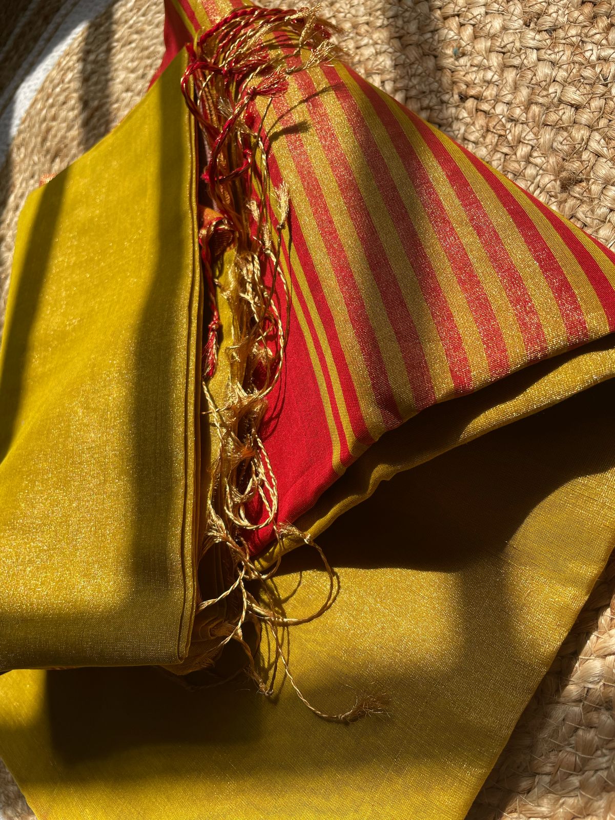 Exquisite Maheshwari Mustard Tissue Silk Saree – Handwoven Zari Weaving