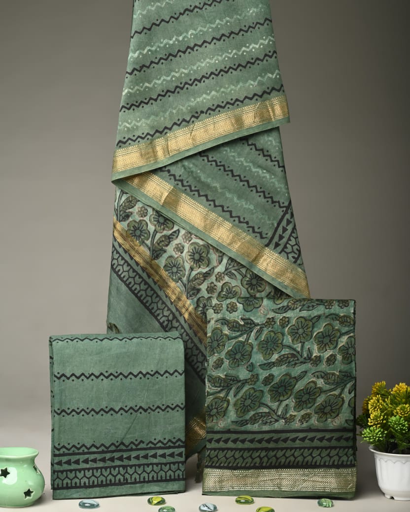 Hand Block Printed Maheshwari Silk Suit Set -Unstitched