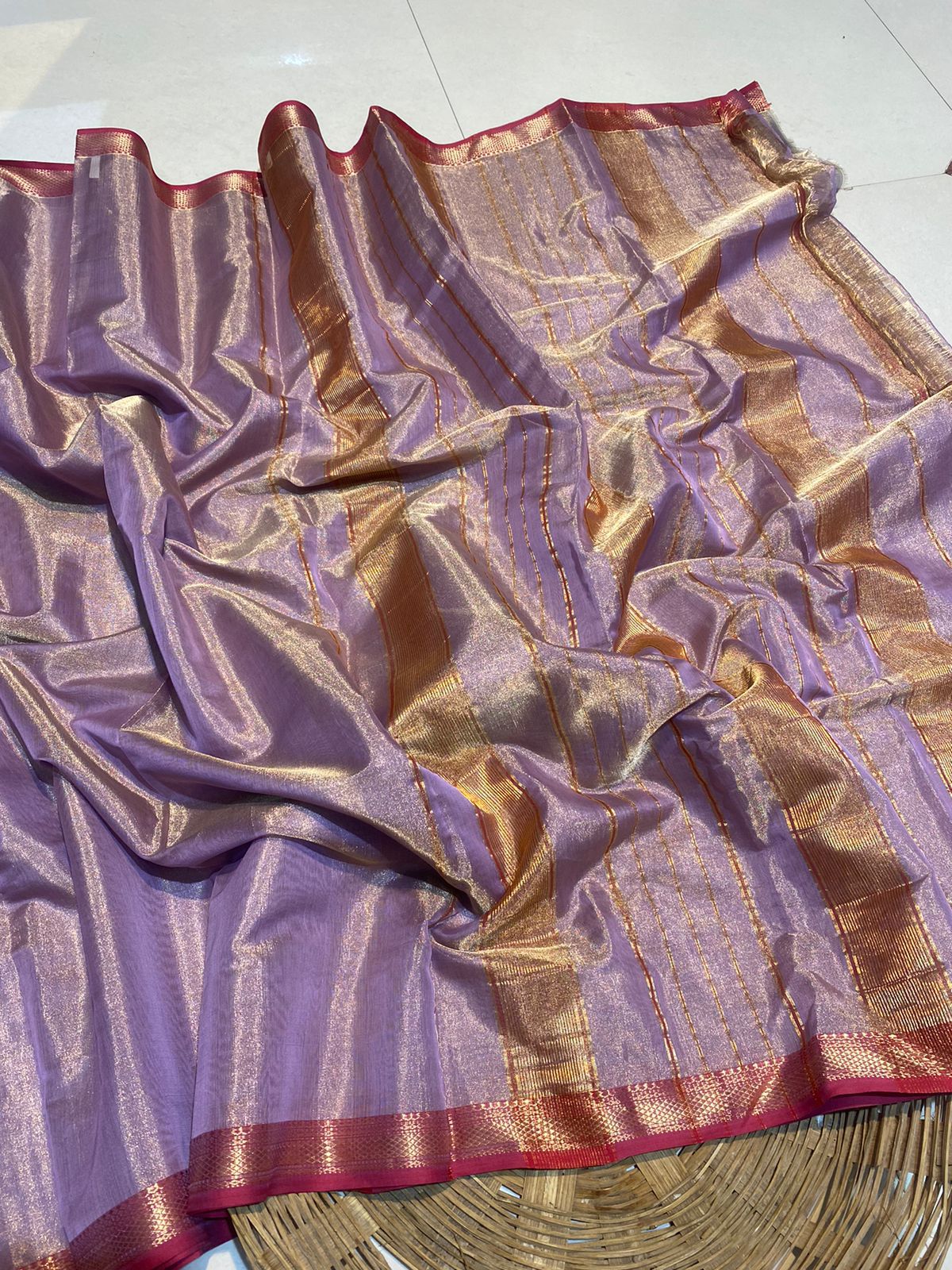 Elegant Maheshwari Tissue Silk Saree with Rich Zari Border
