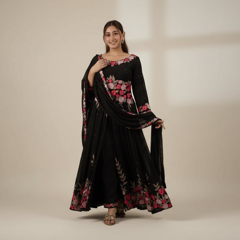 Black Floral Embroidered Anarkali Gown with Sheer Dupatta
