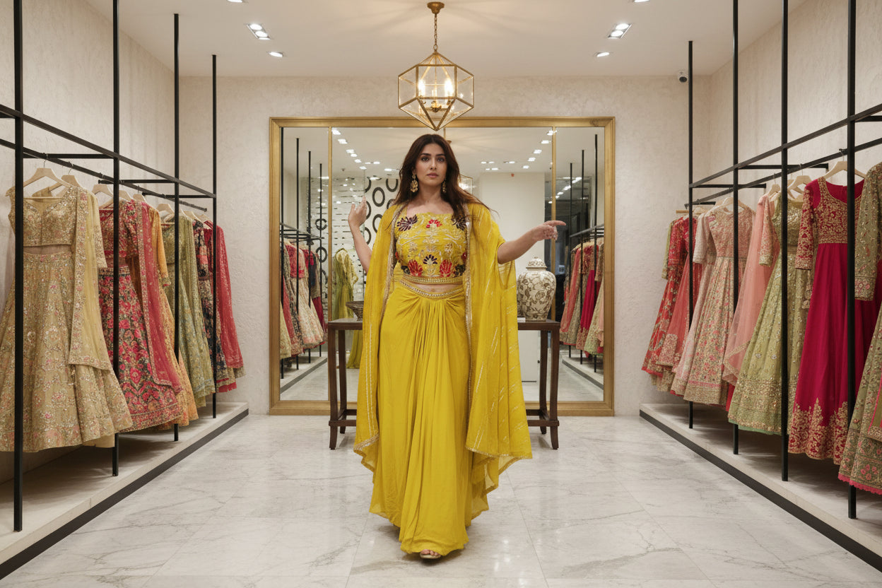 Mustard Yellow Chinnon & Georgette Cape Crop Top with Skirt Set