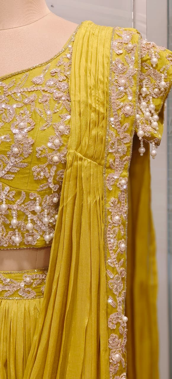 Designer Chinnon Draped Saree with Heavy Embroidered Blouse (Orange & Yellow)